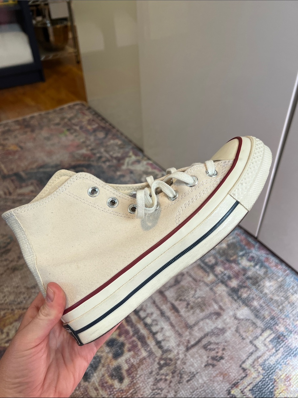 Converse High-Top Sneakers in Cream with Burgundy Stripe - Picture 4 of 8